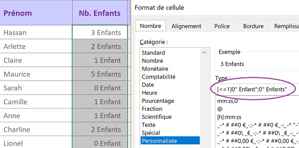 Format de cellule Excel conditionnel pour réaliser automatiquement les accords grammaticaux