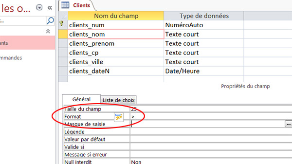 Format majuscules, champ table Access