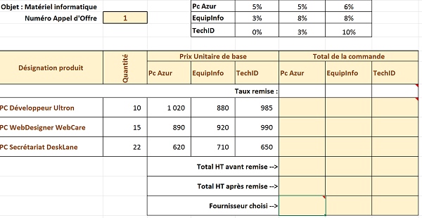 Tableau de bord Excel pour études comparatives de prix fournisseurs