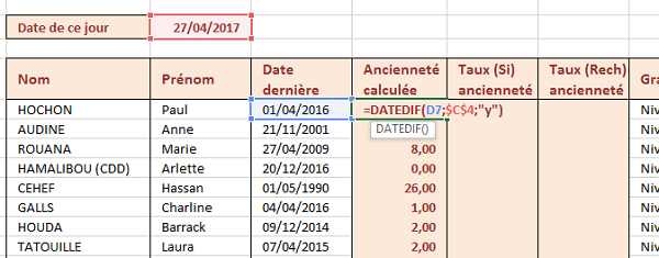 Calcul de la différence entre deux dates en années avec Datedif Excel