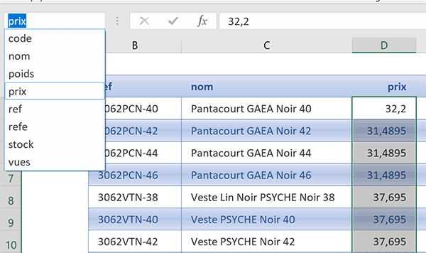 Noms des colonnes du tableau Excel à utiliser pour construire les formules matricielles
