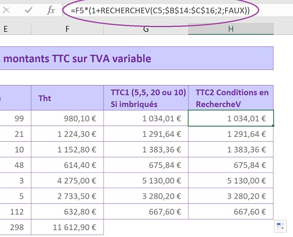 Calculs de montants TTC sur des TVA variables par formule extraction pour correspondance