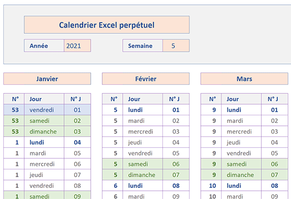 Calendrier annuel et perpétuel Excel avec numéros de semaines