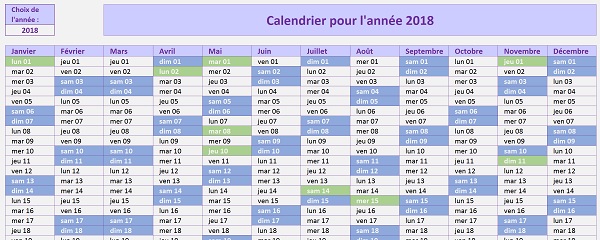 Calendrier annuel Excel avec jours fériés et Week-End généré automatiquement