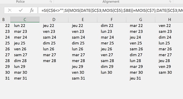 Remplir automatiquement les mois du calendrier des dates reconstruites par calculs dynamiques
