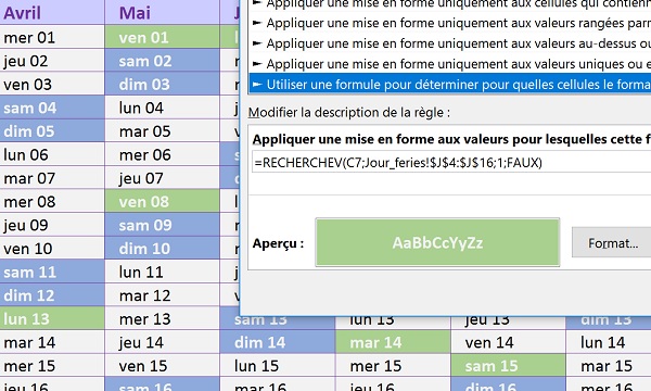 Détection automatique des jours fériés dans la construction dynamique du calendrier Excel