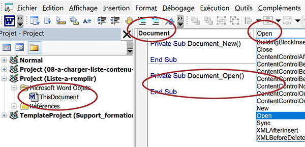 Créer la procédure événementielle VBA pour déclencher un code sur ouverture du document Word