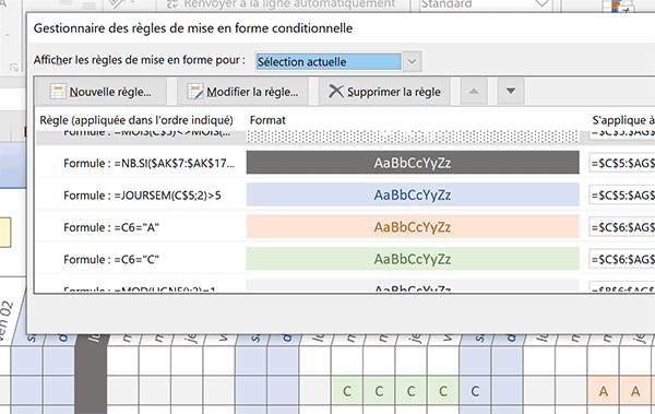 Règles de mise en forme conditionnelle Excel pour surligner en couleur les Week-End, jours fériés et congés dans un calendrier