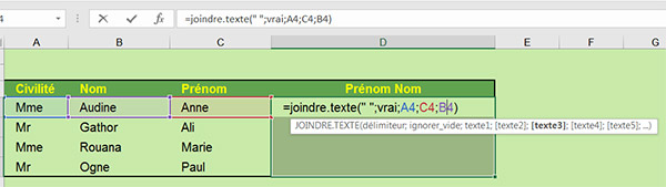 Fonction Excel joindre texte pour assembler cellules avec espaces