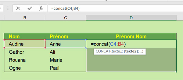 Fonction Excel concat pour joindre du texte