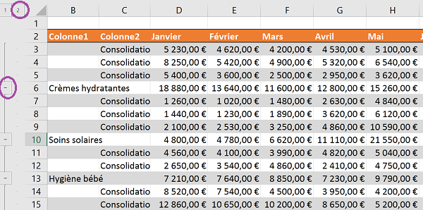 Déployer mode plan tableau Excel pour accéder au détail de la consolidation