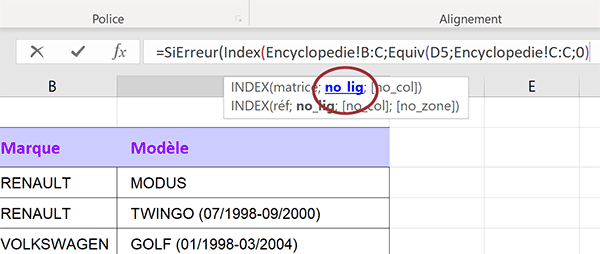 Fonctions Excel de recherche Index et Equiv imbriquées pour extraire données manquantes