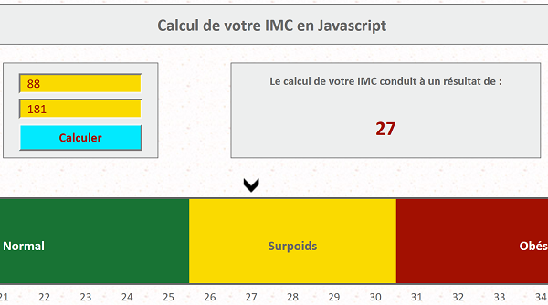 Application internet Javascript de calcul Indice Masse Corporelle selon données saisies par internaute