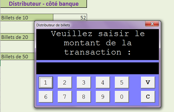 Distributeur automatique de billets, interface graphique VBA Excel