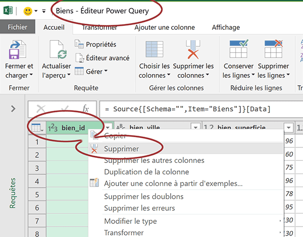 Editeur Power Query Excel pour filtrer champs et données externes à importer