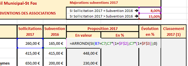 Arrondir le montant des subventions calculées avec fonction Excel Arrondi