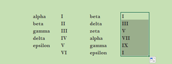 Série lettres Grecques et nombres Romains Excel