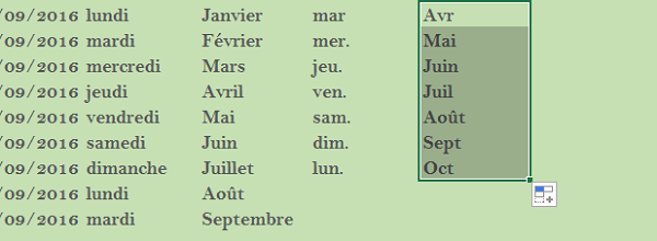 Séries automatiques abréviations mois calendrier Excel