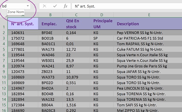 Donner nom tableau de base de données Excel pour calculs logistiques dynamiques