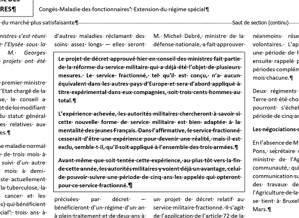 Superposition encadré paragraphes sur article de presse Word mis en page colonnes