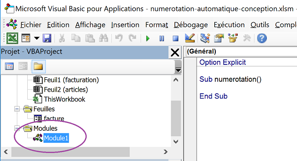 Créer un module de code Visual Basic Excel pour procédure indépendante