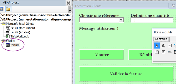 Interface graphique de facturation VBA Excel, UserForm en conception