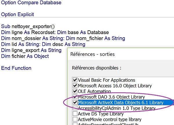 Référence ActiveX Data Objects pour manipuler enregistrements de base de données par le code VBA
