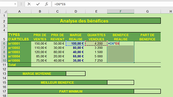 Calculs de bénéfices, Multiplication Excel
