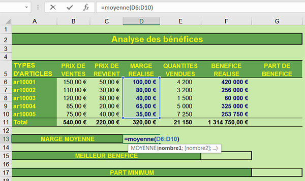 Calcul de marges moyennes avec Excel