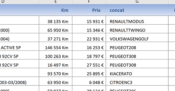 Concaténation des informations de la base de données Excel en fonction des critères mentionnés depuis la console