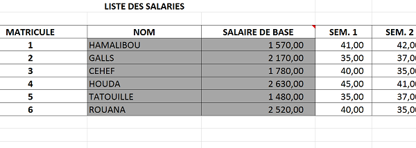 Base de données salariés avec salaire et suivi des heures hebdomadaires Excel
