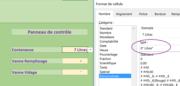 Format numérique personnalisé Excel, unité de mesure Litres