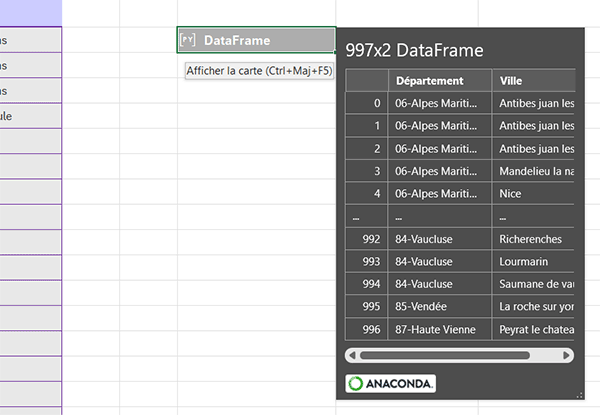 DataFrame Python sur deux colonnes d-un tableau Excel