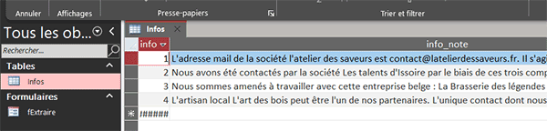 Table Access contenant des adresses mail mélangées à des textes