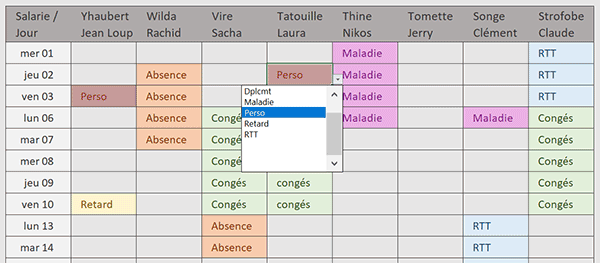 Marquer les absences des salariés avec une liste déroulante sur un planning Excel