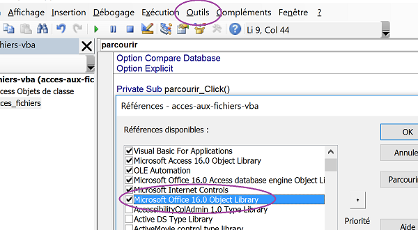 Ajouter référence ActiveX Office VBA Access pour afficher boîtes de dialogue standards Windows par code