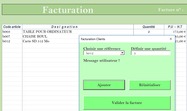 Alimentation automatique de la facture Excel par interface graphique VBA