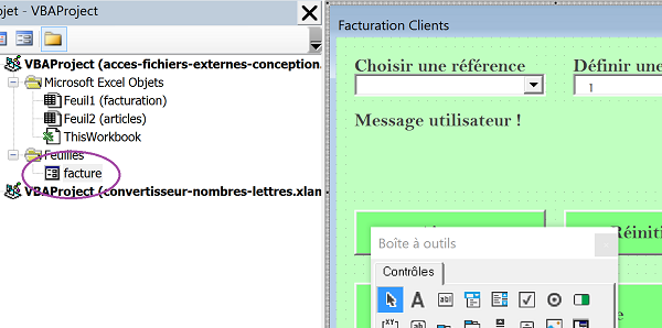 Userform Visual Basic Excel pour facturation en conception