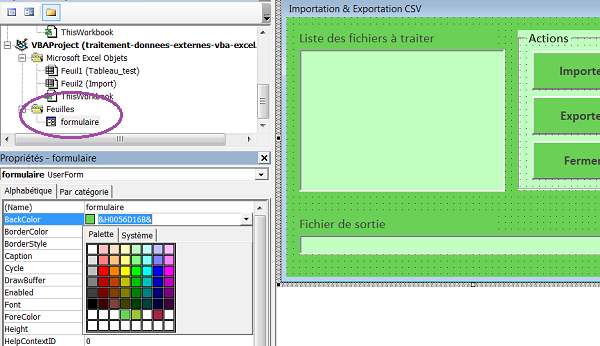 Personnaliser formulaire VBA avec fenêtres propriétés dont couleur de fond