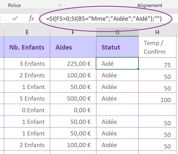 Accord féminin et masculin par calcul conditionnel Excel