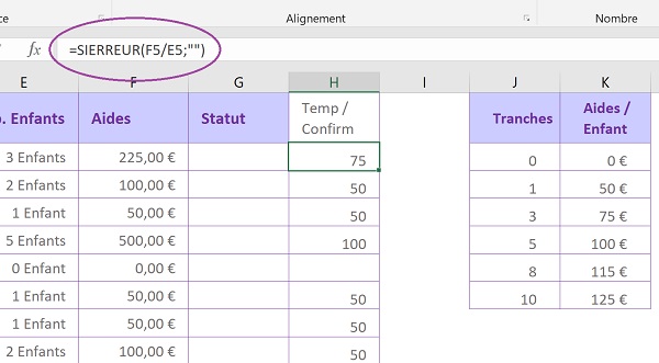 Calcul Excel confirmation extraction valeurs avec gestion erreurs