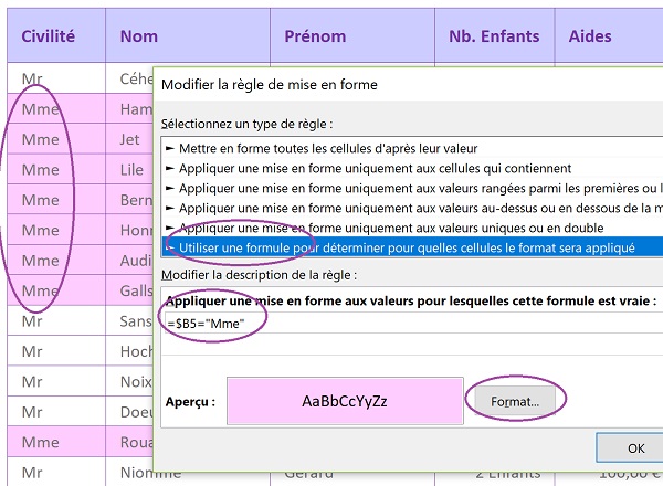 Repérer les femmes dans un tableau Excel par une règle de mise en forme conditionnelle