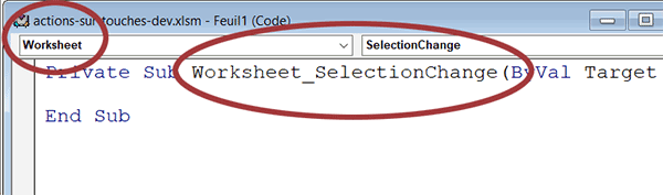 Créer la procédure VBA Excel SelectionChange