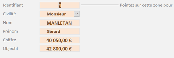 Objectifs et chiffres affaires des commerciaux sur un formulaire Access