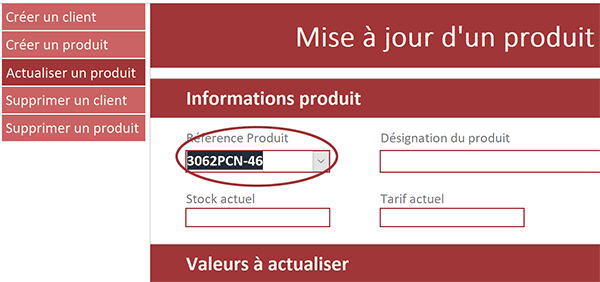 Liste déroulante de la référence produit à mettre à jour avec le formulaire Access