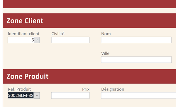 Choix des références client et article dans liste déroulantes de formulaire Access