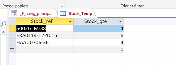 Table Access archivant les références des articles achetés avec leurs quantités pour mise à jour des stocks ultérieure