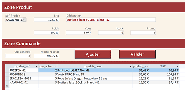 Formulaire Access pour construire les commandes et valider les factures des clients