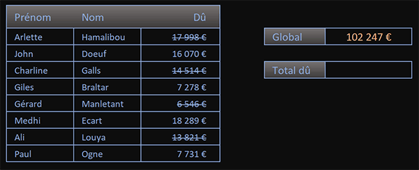 Factures payées et montants barrés Excel