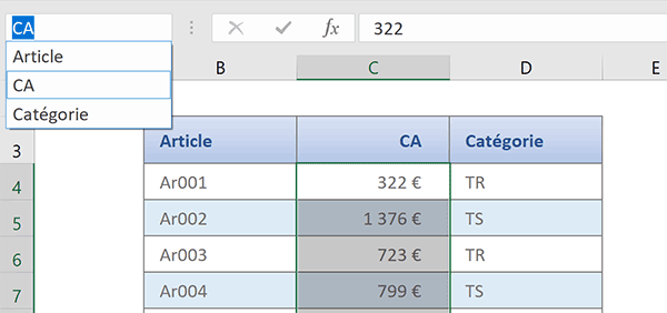 Noms des colonnes du tableau Excel pour simplifier les formules matricielles de synthèse